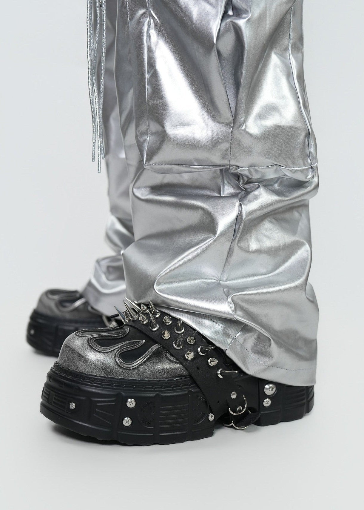 Y2K Silver Metallic Wide Leg Punk Trousers - Rick Circus