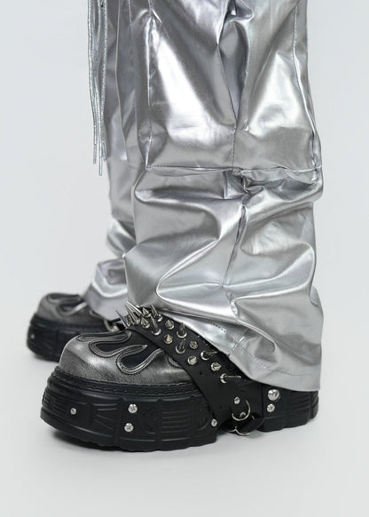 Y2K Silver Metallic Wide Leg Punk Trousers - Rick Circus
