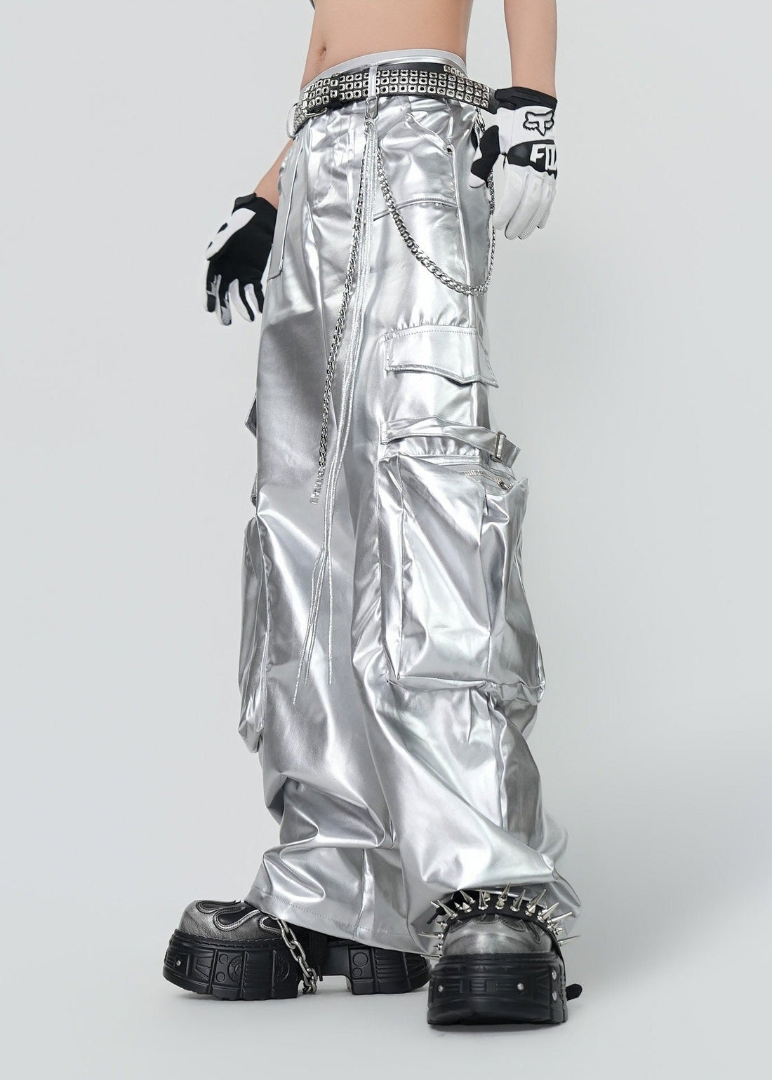 Y2K Silver Metallic Wide Leg Punk Trousers - Rick Circus