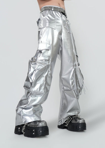 Y2K Silver Metallic Wide Leg Punk Trousers - Rick Circus