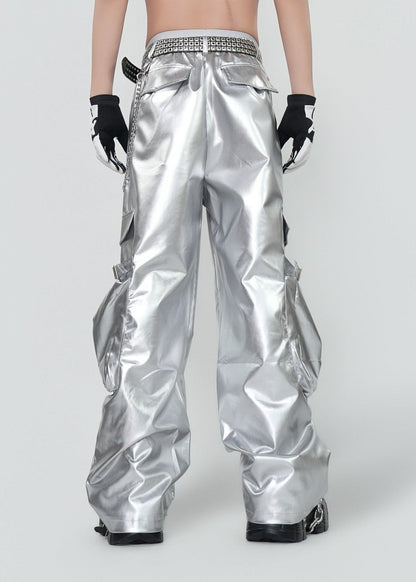 Y2K Silver Metallic Wide Leg Punk Trousers - Rick Circus