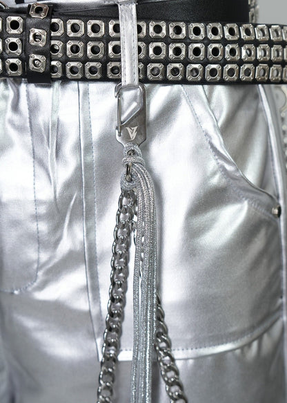 Y2K Silver Metallic Wide Leg Punk Trousers - Rick Circus