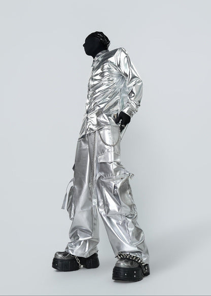 Y2K Silver Metallic Wide Leg Punk Trousers - Rick Circus