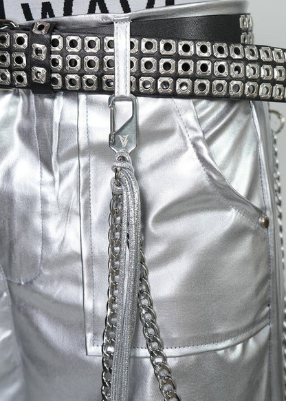 Y2K Silver Metallic Wide Leg Punk Trousers - Rick Circus